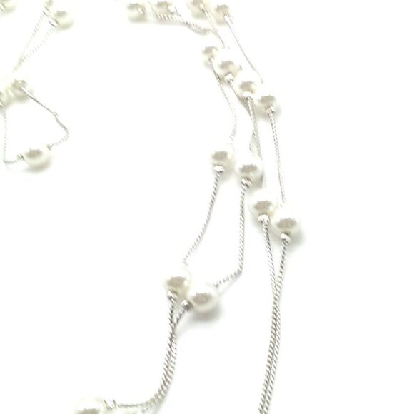 Delicate Tin Cup Faux Pearl Necklace Very Long Silver-tone Thin Chain 73 inches - Picture 9 of 14